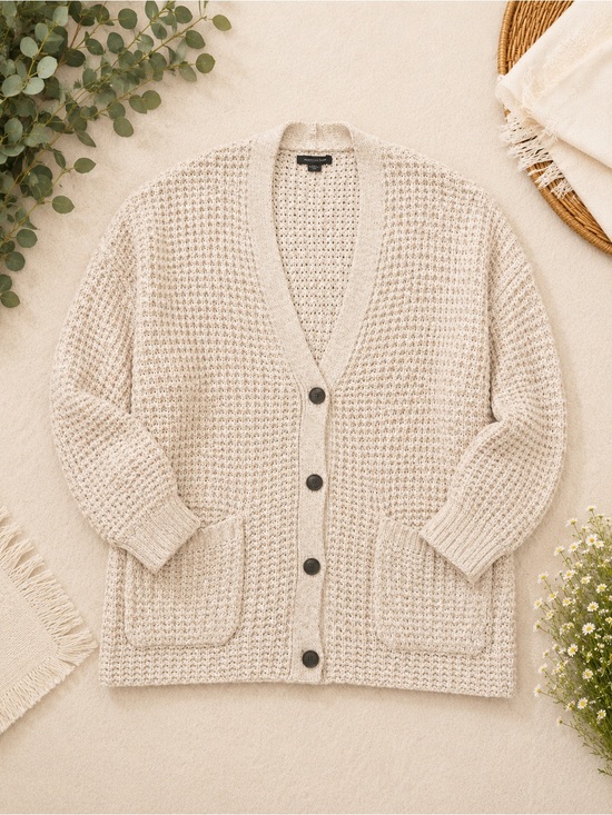 American Eagle Outfitters Sweaters - American Eagle Outfitters Cream Waffle-Knit Button Cardigan